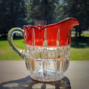 Antique EAPG Glass Creamer Tarentum Glass Block & Star Ruby Stained c.1910 USA